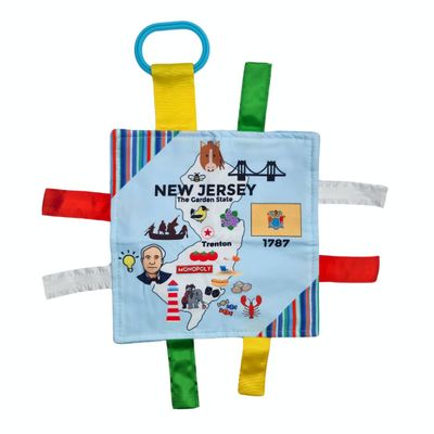 Baby Jack & Co 8x8 Learning Lovey New Jersey State Tag Stroller Toy for Babies - Crinkle Toys for Developing Five Senses - Learn About Capitals - Travel with Baby Jack - BPA Free Clip