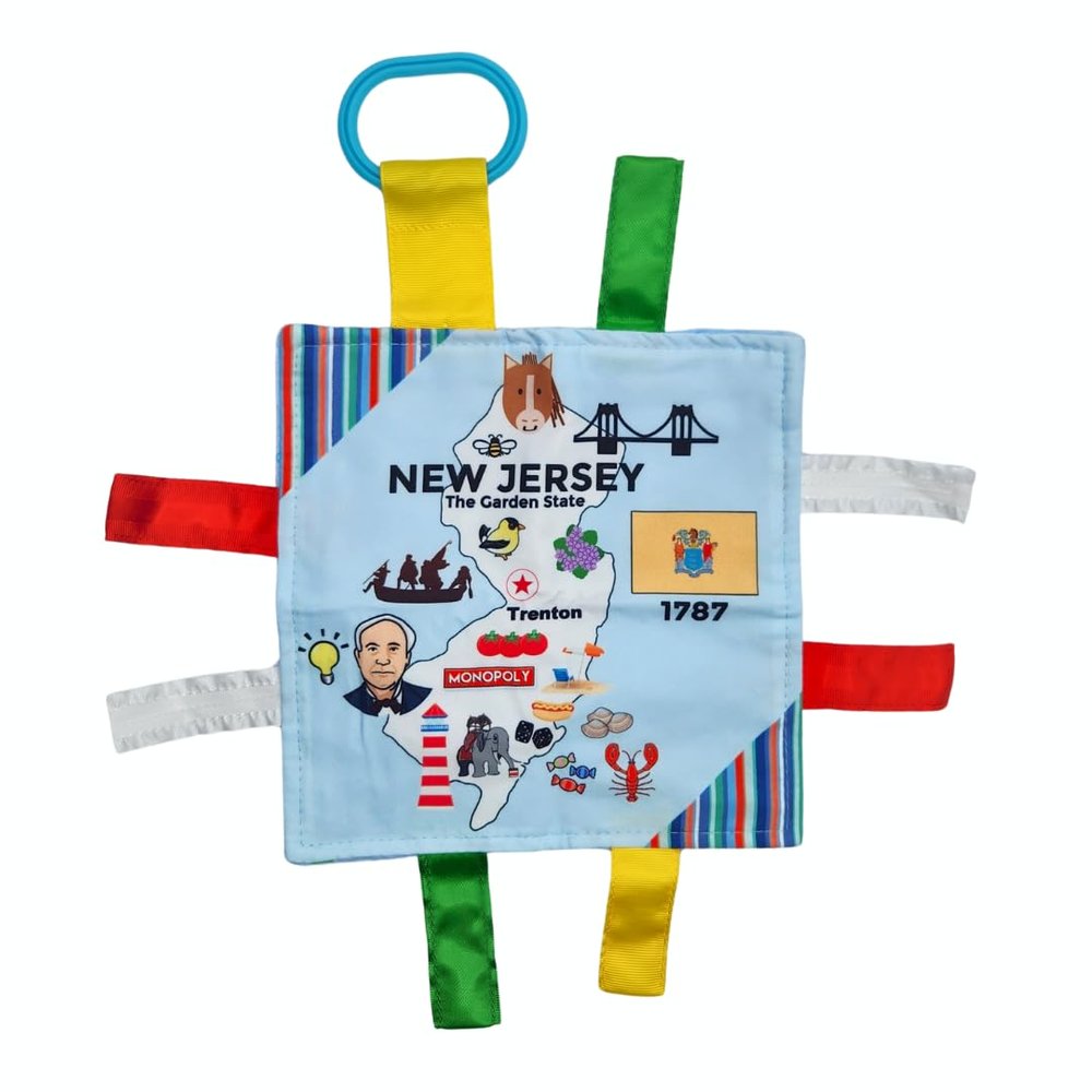 Baby Jack & Co 8x8 Learning Lovey New Jersey State Tag Stroller Toy for Babies - Crinkle Toys for Developing Five Senses - Learn About Capitals - Travel with Baby Jack - BPA Free Clip