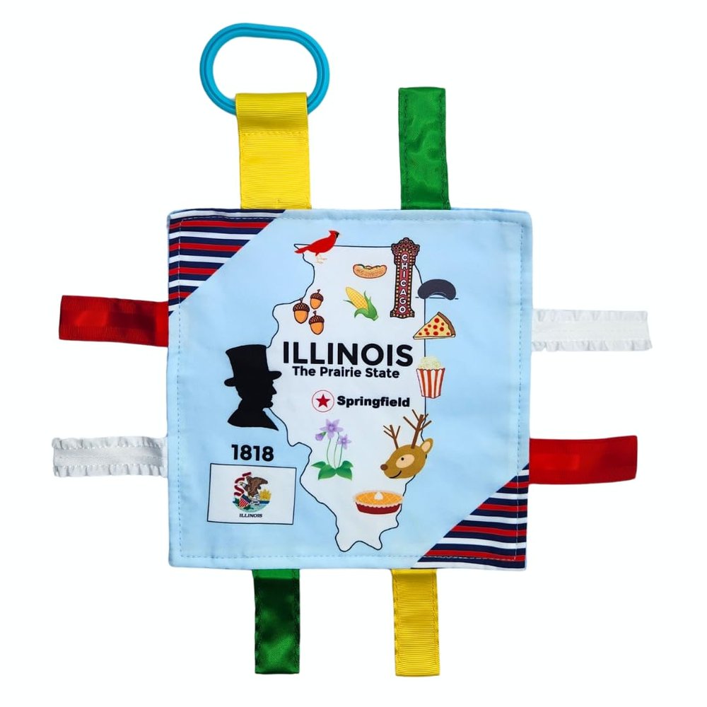 Baby Jack & Co 8x8 Learning Lovey Illinois State Tag Stroller Toy for Babies - Crinkle Toys for Developing Five Senses - Learn About Capitals - Travel with Baby Jack - BPA Free Clip