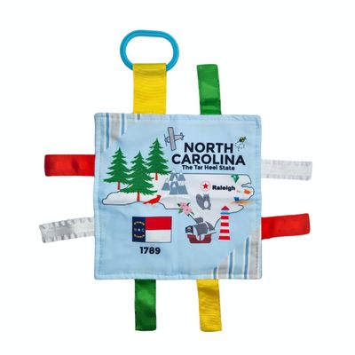 Baby Jack & Co 8x8 Learning Lovey North Carolina State Tag Stroller Toy for Babies - Crinkle Toys for Developing Five Senses - Learn About Capitals - Travel with Baby Jack - BPA Free Clip