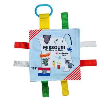 Baby Jack & Co 8x8 Learning Lovey Missouri State Tag Stroller Toy for Babies - Crinkle Toys for Developing Five Senses - Learn About Capitals - Travel with Baby Jack - BPA Free Clip