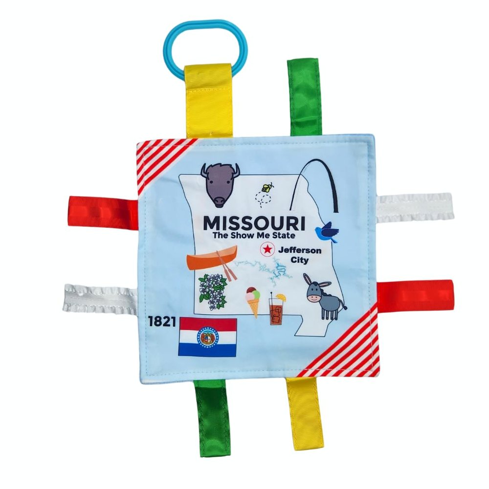 Baby Jack & Co 8x8 Learning Lovey Missouri State Tag Stroller Toy for Babies - Crinkle Toys for Developing Five Senses - Learn About Capitals - Travel with Baby Jack - BPA Free Clip