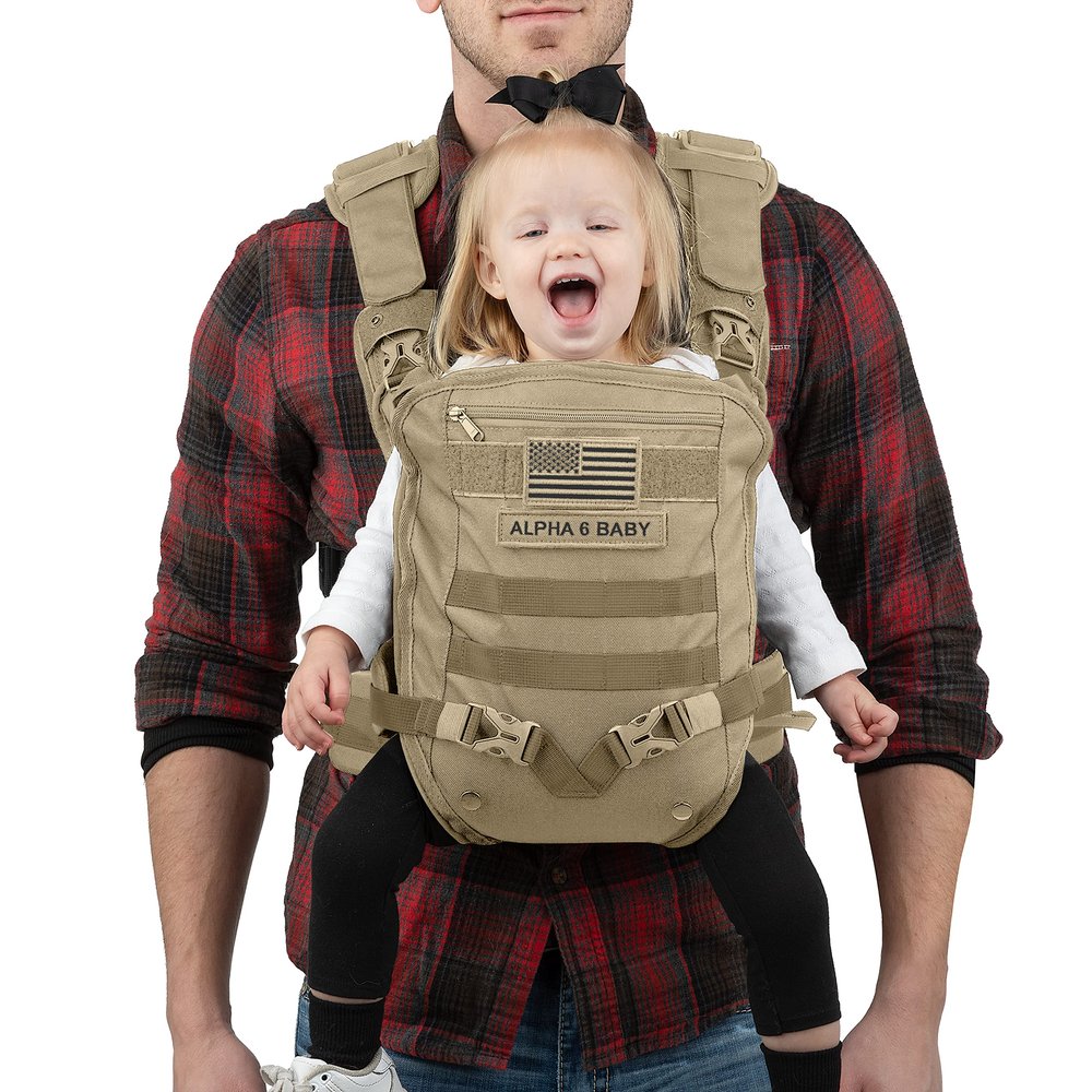 Alpha Six Baby Carrier for Men - Front Facing Baby Holder for Dad, Infant to Toddler - Military Design Carrier with Lumbar Support - Great for Hiking and Travel - Desert Khaki