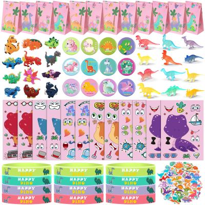 122 Pcs Dinosaur Party Supplies Pink Dinosaur Birthday Party Favors Dino Goodie Bags Make a Dino Sticker Mini Glow in Dark Toy Badge Bracelet Ring for Christmas Favor Treat Bag Stocking Stuffer