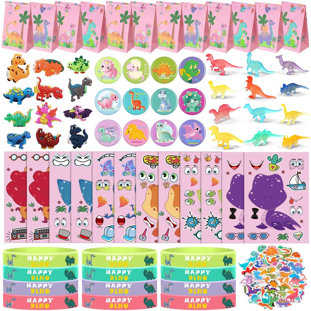 122 Pcs Dinosaur Party Supplies Pink Dinosaur Birthday Party Favors Dino Goodie Bags Make a Dino Sticker Mini Glow in Dark Toy Badge Bracelet Ring for Christmas Favor Treat Bag Stocking Stuffer