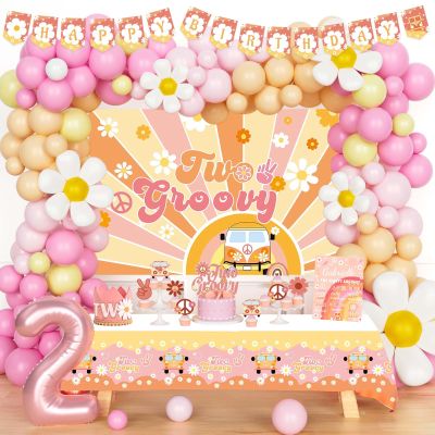 122 PCs Two Groovy Party Decorations, Fiesec Two Groovy Boho Daisy Hippie Second Birthday Party Backdrop Balloon Garland Banner Tablecloth Cake Cupcake Topper Crown Poster