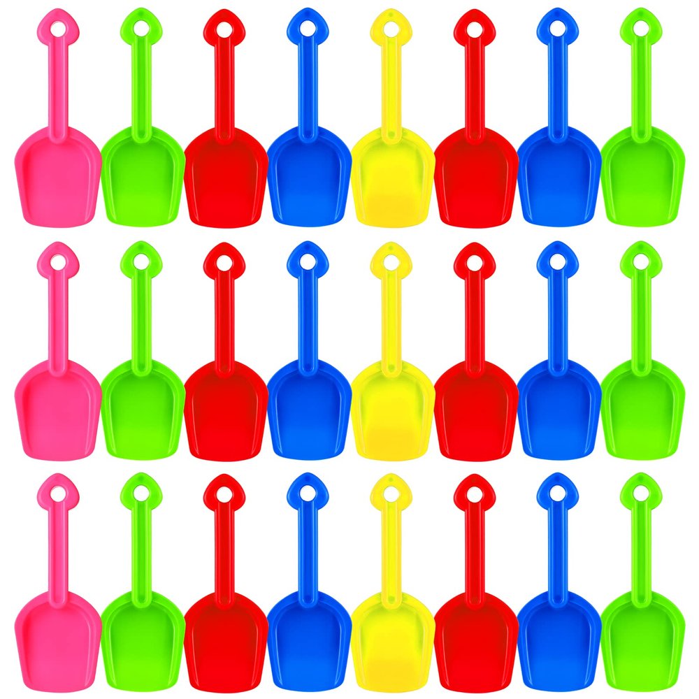 Junkin 24 Pcs 7.7 Inch Mini Plastic Sand Shovel Beach Toys Long Play Colorful Scoop Rake Sand Shovels for Beach and Garden Shoveling, Digging, Gardening, Random Colors