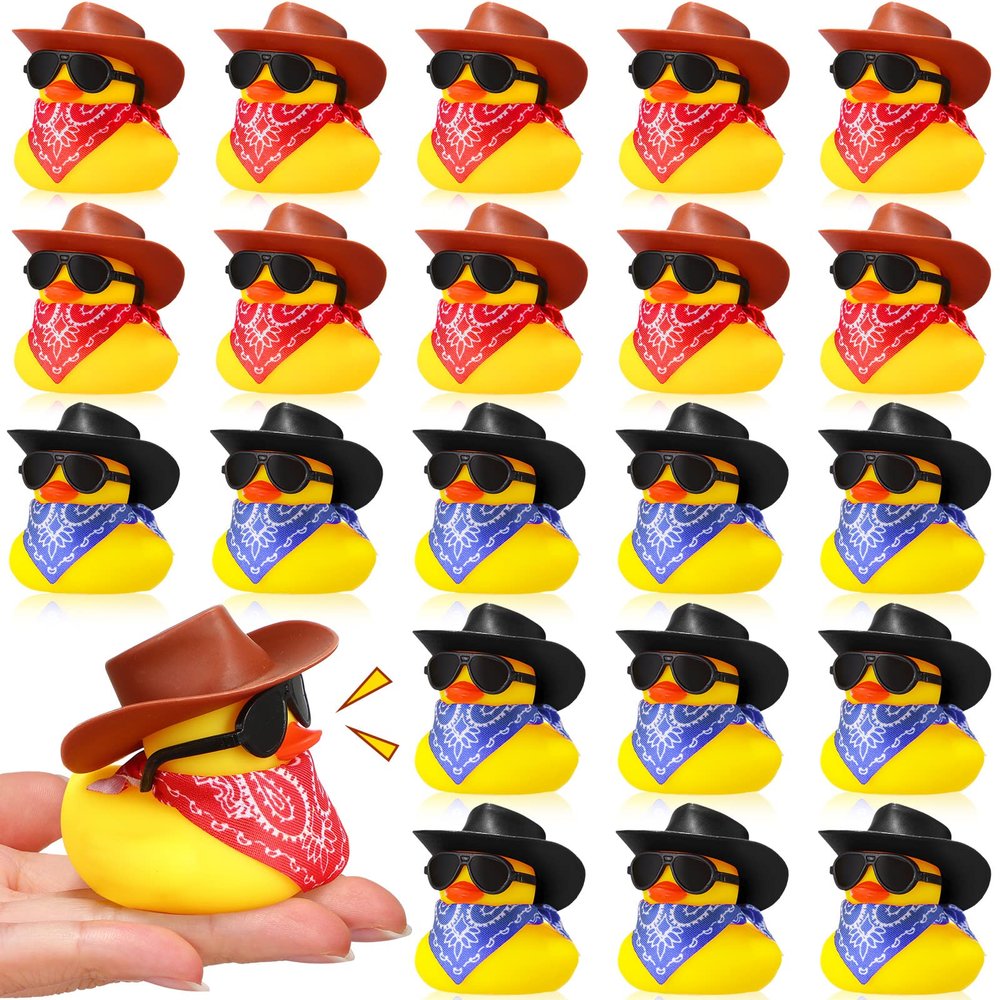 Sosation 24 Set Cowboy Rubber Duck Bulk Mini Yellow Duckies Party Tiny Ducks Toy with Cowboy Hat Paisley Bandanas Sunglasses for Valentine's Day Birthday Party Favor(Vintage Style)