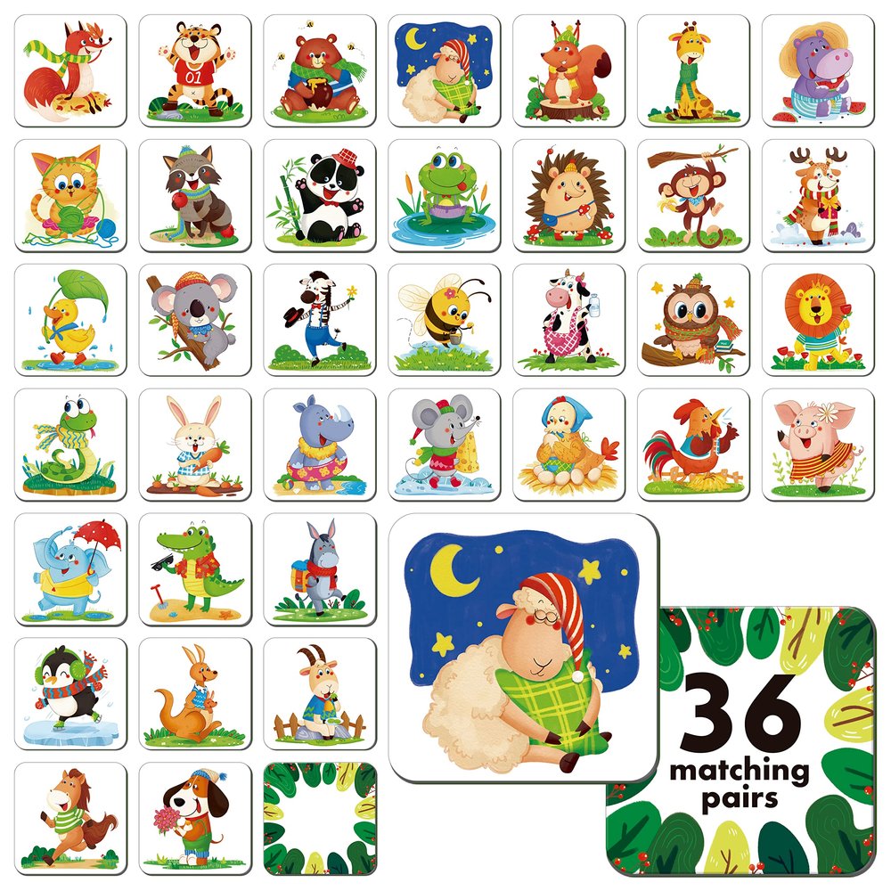 Memory Matching Game, 72 PCS Animals Matching Cards for Toddlers 36 Designs Memory Cards Educational Learning Toys for Preschool 4 5 6 Years Old