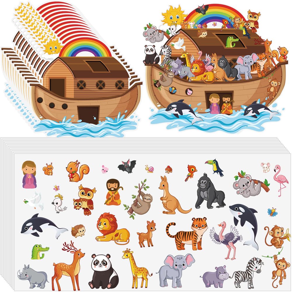 12 Set Noah's Ark Animal Sticker Scene Include Noah's Ark Backgrounds and Sheets Self Adhesive Animal Stickers Decorations Sunday School Crafts for Kids Classroom