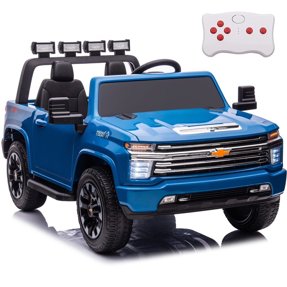 NEWQIDA Kids 24V 4X4 Ride On Truck Car with Remote Control 2 Seater Ride On Toys for Big Kids Electric Vehicles for Boys Girls Licensed Chevrolet Silverado HD Pickup Truck, EVA Tires, Music, Blue
