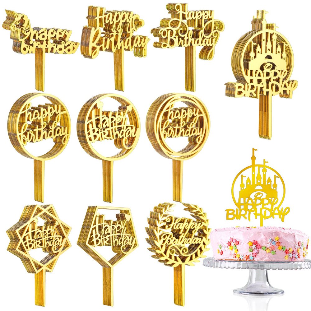 150 Pcs Happy Birthday Cake Toppers Acrylic Cake Topper Glitter Birthday Cake Decorations Double Sided for Adults Various Cake Decoration Party Supplies(Gold,Cute)