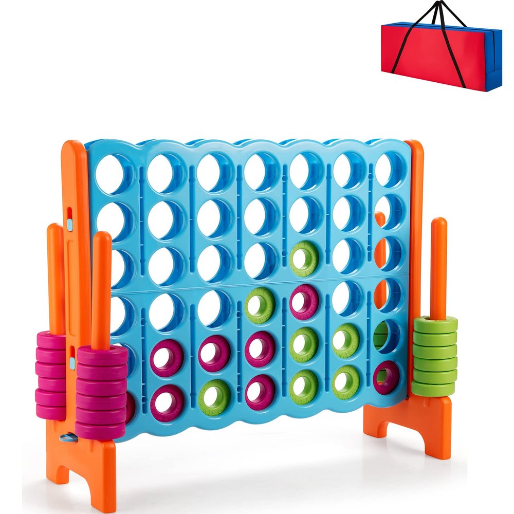 KOTEK Giant 4-in-a-Row Game, 3.5 Feet Tall Jumbo 4-to-Score Family Fun Game with Quick-Release Sliders & 42 Large Rings, Oversized Connect Plastic Yard Game Outdoor for Kids & Adults(Baby Blue+Orange)