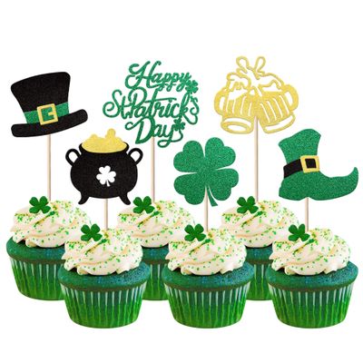 24 Pack Happy St.Patrick's Day Cupcake Toppers Glitter Lucky Four Leaf Clover Beer Shoes Irish Flag Cupcake Picks Cheers St. Patrick's Holiday Shamrock Theme Party Cupcake Decorations Supplies Green