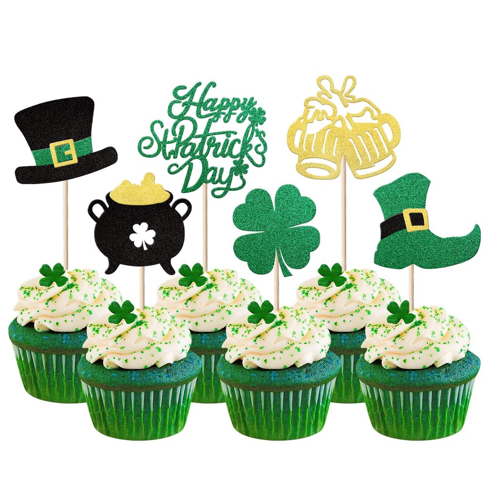24 Pack Happy St.Patrick's Day Cupcake Toppers Glitter Lucky Four Leaf Clover Beer Shoes Irish Flag Cupcake Picks Cheers St. Patrick's Holiday Shamrock Theme Party Cupcake Decorations Supplies Green