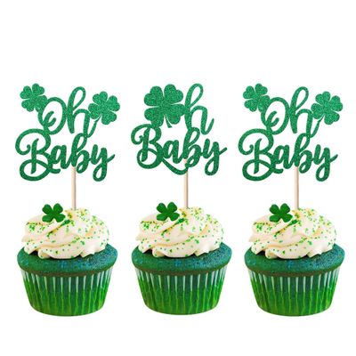 24 Pack St. Patrick's Day Oh Baby Cupcake Toppers Glitter Lucky Four Leaf Oh Baby Cupcake Picks for St.Patrick's Day Irish Clover Shamrock Kids Birthday Party Cupcake Decorations Supplies Green