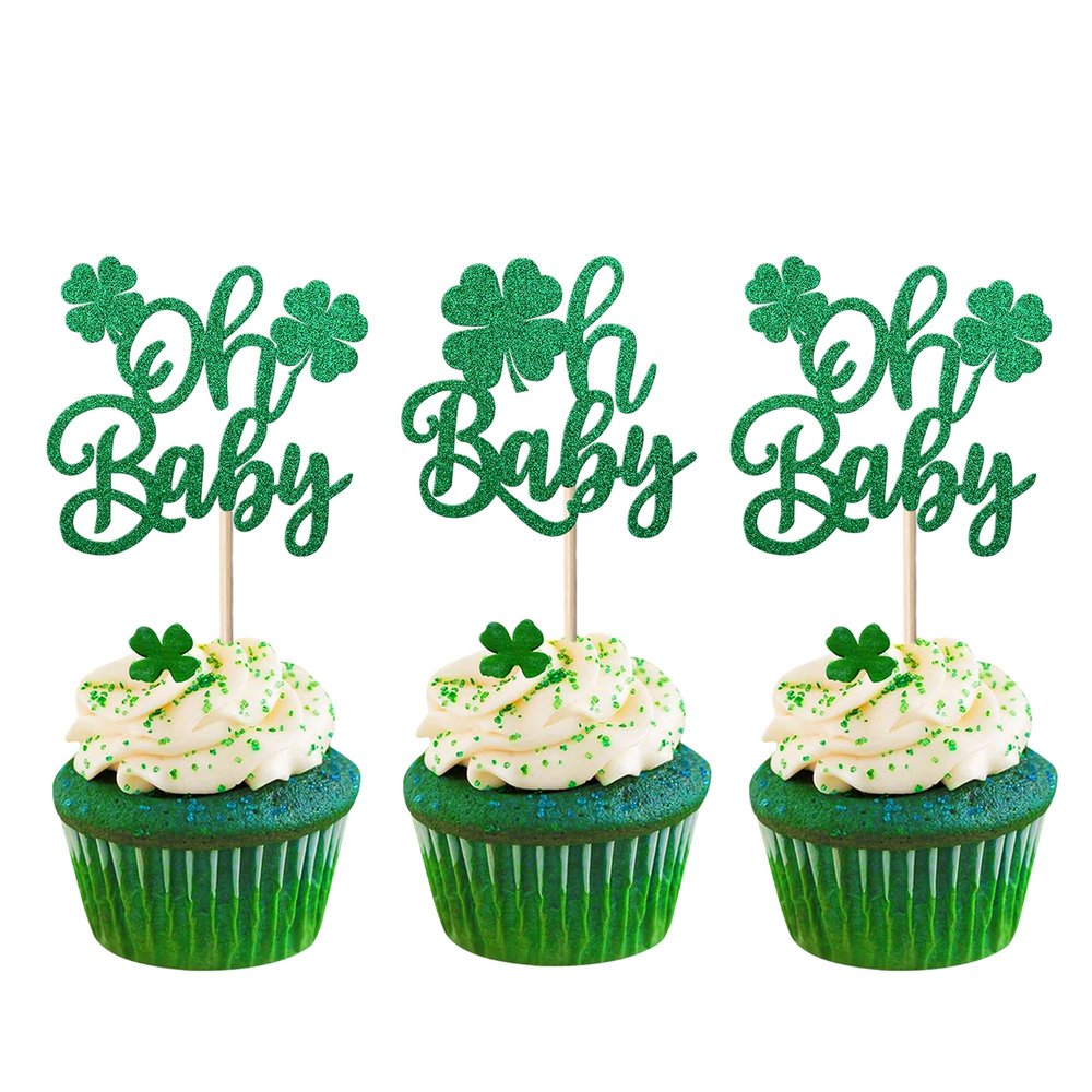24 Pack St. Patrick's Day Oh Baby Cupcake Toppers Glitter Lucky Four Leaf Oh Baby Cupcake Picks for St.Patrick's Day Irish Clover Shamrock Kids Birthday Party Cupcake Decorations Supplies Green