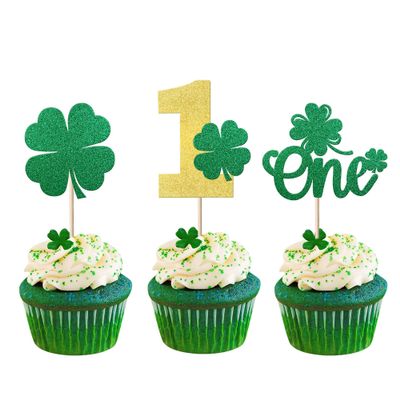 24 Pack St. Patrick's Day One Cupcake Toppers Glitter Four Leaf First Birthday Cupcake Picks for St.Patrick's Day Irish Clover Shamrock Kids 1st Birthday Baby Shower Party Cupcake Decorations Green