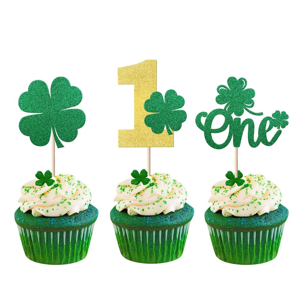 24 Pack St. Patrick's Day One Cupcake Toppers Glitter Four Leaf First Birthday Cupcake Picks for St.Patrick's Day Irish Clover Shamrock Kids 1st Birthday Baby Shower Party Cupcake Decorations Green