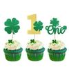 24 Pack St. Patrick's Day One Cupcake Toppers Glitter Four Leaf First Birthday Cupcake Picks for St.Patrick's Day Irish Clover Shamrock Kids 1st Birthday Baby Shower Party Cupcake Decorations Green view 1
