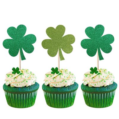 24 Pack Happy St. Patrick's Day Cupcake Toppers Glitter Lucky Four Leaf Cupcake Picks for St.Patrick's Day Irish Clover Shamrock Kids Birthday Baby Shower Party Cupcake Decorations Supplies Green