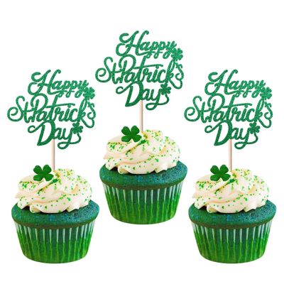 24 Pack Happy St Patrick's Day Cupcake Topper Green Glitter Four Leaf Clover Irish Flag Cupcake Pick Decorations for St.Patrick's Day Theme Kids Birthday Party Cupcake Decorations Supplies Green