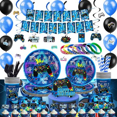 KOTLMIGHT Blue Gamer Birthday Party Decoration - 270Pcs Video Game Gaming Party Supplies For Boys Birthday Party - Table Cover, Plates, Cups, Napkins, Utensils, Stickers, Bracelets Serves 16 Guests