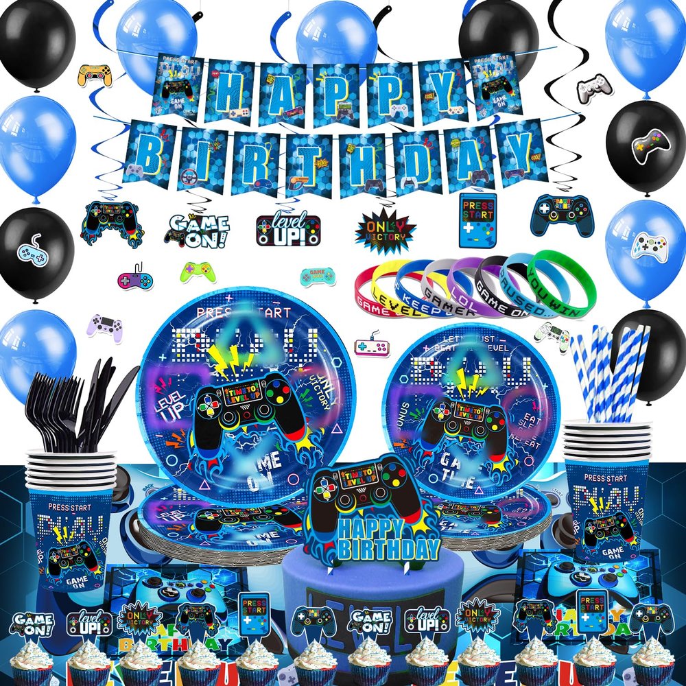 KOTLMIGHT Blue Gamer Birthday Party Decoration - 270Pcs Video Game Gaming Party Supplies For Boys Birthday Party - Table Cover, Plates, Cups, Napkins, Utensils, Stickers, Bracelets Serves 16 Guests