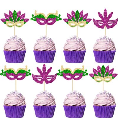 24Pcs Mardi Gras Cupcake Toppers Multicolor Glitter Masquerade Face Covering Cupcake Toppers for Masquerade Mardi Gras Party Birthday Party Decorations