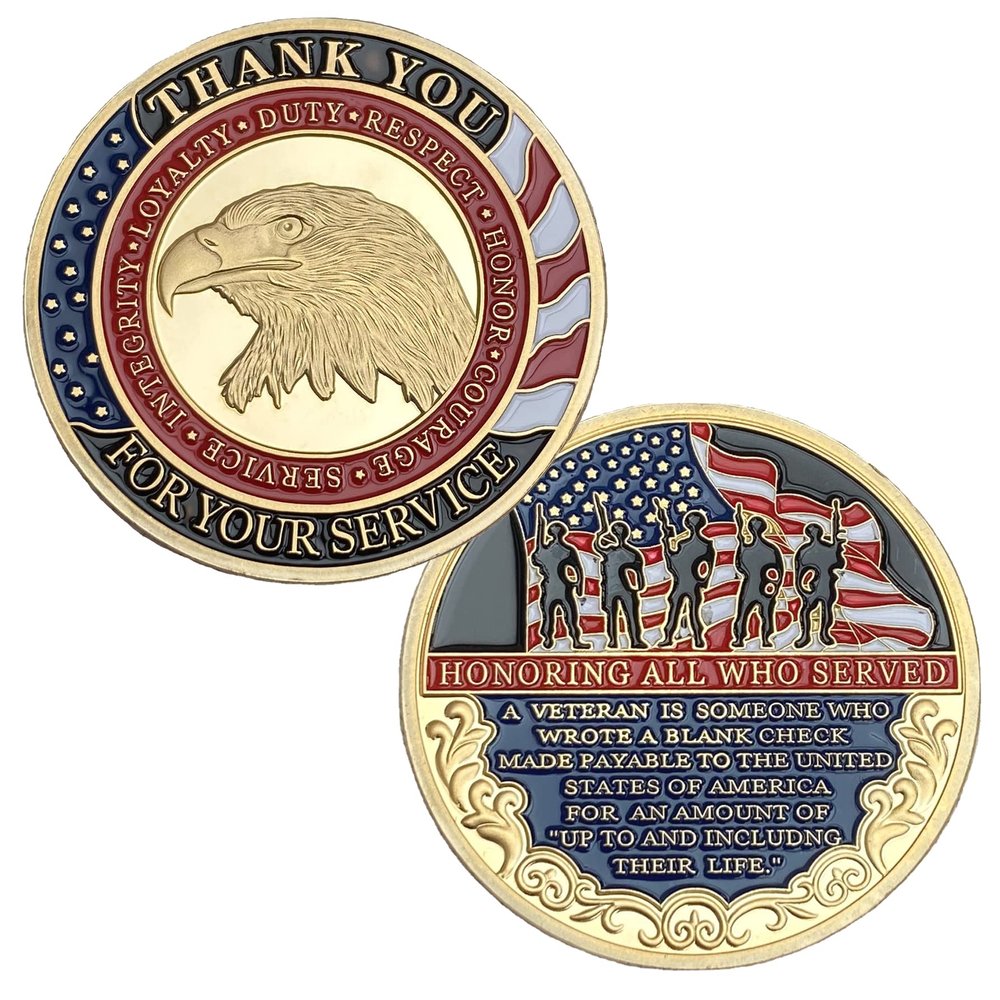 Honoring All Who Served Military Appreciation Challenge Coin Veteran Day Thank You for Your Service Gold Plated Coins