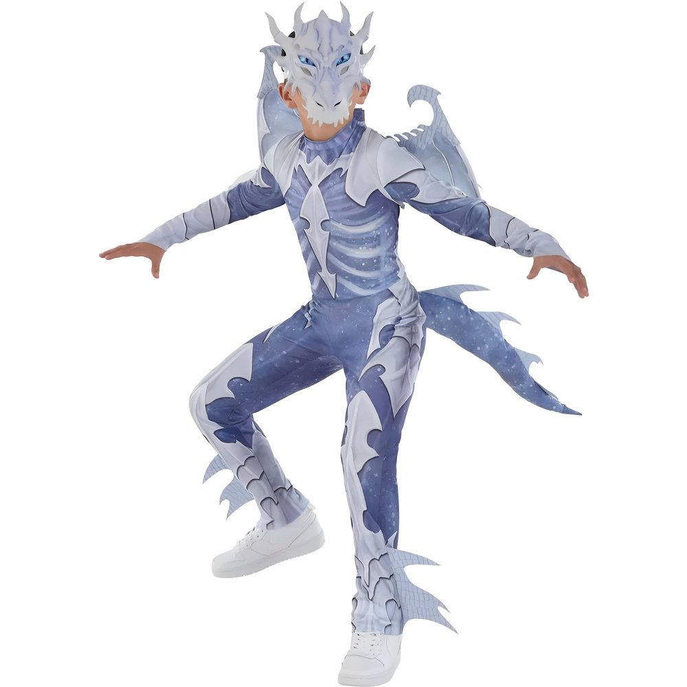 Purple and White Ghostly Dragon Jumpsuit Costume Set - Large (12-14) - Includes Mask & Wings, Ideal for Halloween and Costume Parties