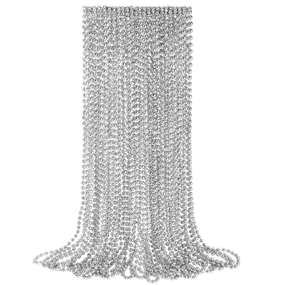 12 PCS Silver Bead Necklaces, Silver Mardi Gras Christmas Beads Necklaces, Patriotic Necklaces, 33 Inch Beaded Necklaces for Mardi Gras Christmas Party, 4th of July and New Year Eve Festive Events