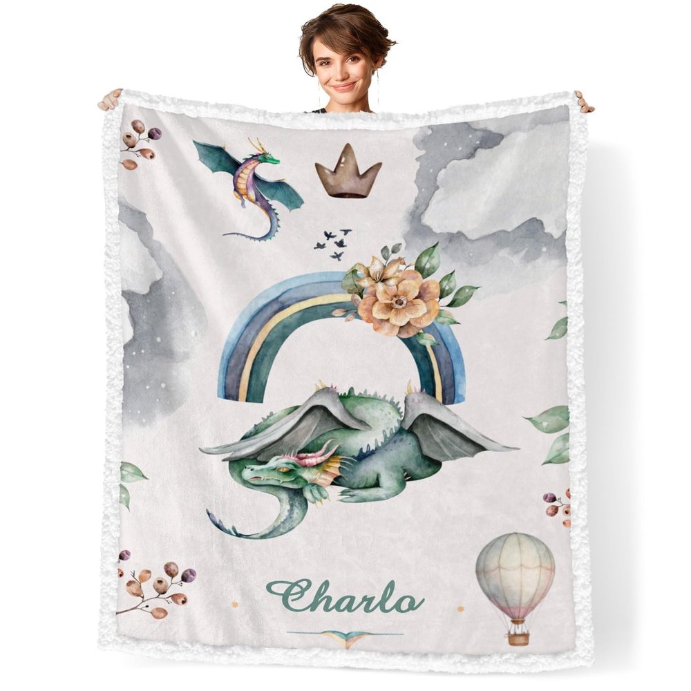 NZOOHY Rainbow Dragon Personalized Sherpa Baby Blankets for Boys Girls,Newborn Custom Name Blanket for Shower Gift 50x60 in