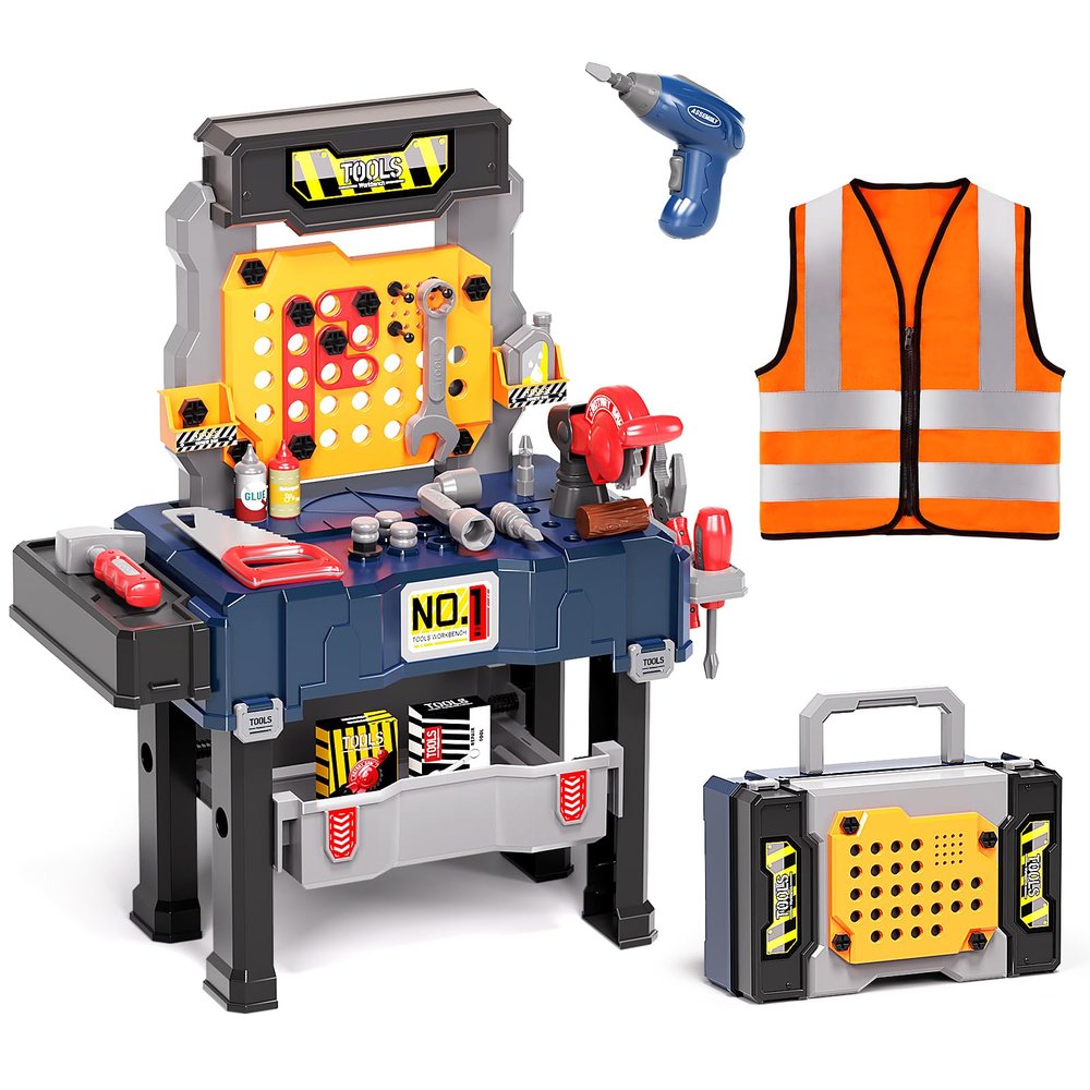 Deejoy Kids Tool Bench with Realistic and Electric Drill, Construction Workbench Toys for Toddlers 3-5, Toddler Bench Set for Boys & Girls Age 3-4 (with Work Clothes)