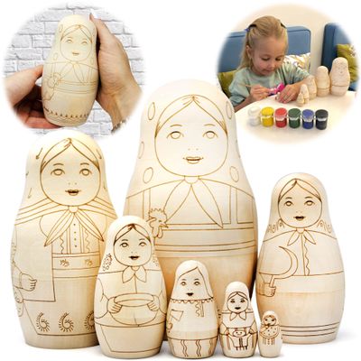 Blank Nesting Dolls Set 7 pcs for Painting and Decorating  Unpainted Wooden Matryoshka Dolls with Pre-Drawn Contours  DIY Art Craft Project