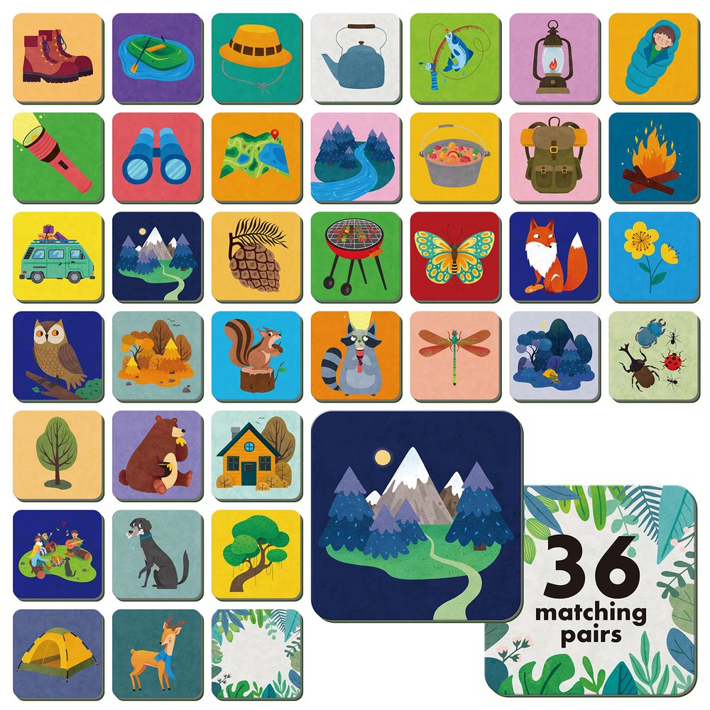 Hebayy Memory Matching Game, 72 PCS Camping Theme Matching Cards for Toddlers 36 Designs Memory Cards Educational Learning Toys for Preschool 4 5 6 Years Old