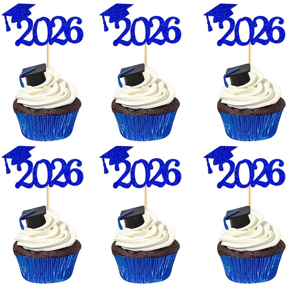 Cyodoos 24 Pcs graduation cupcake toppers 2026, Food/Appetizer Picks For Graduation Party Mini Cake Decorations, 2026, Cupcake Toppers(Blue)