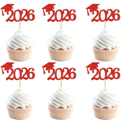 Cyodoos 24 Pcs graduation cupcake toppers 2026, Food/Appetizer Picks For Graduation Party Mini Cake Decorations, 2026 Cupcake Toppers(Red)