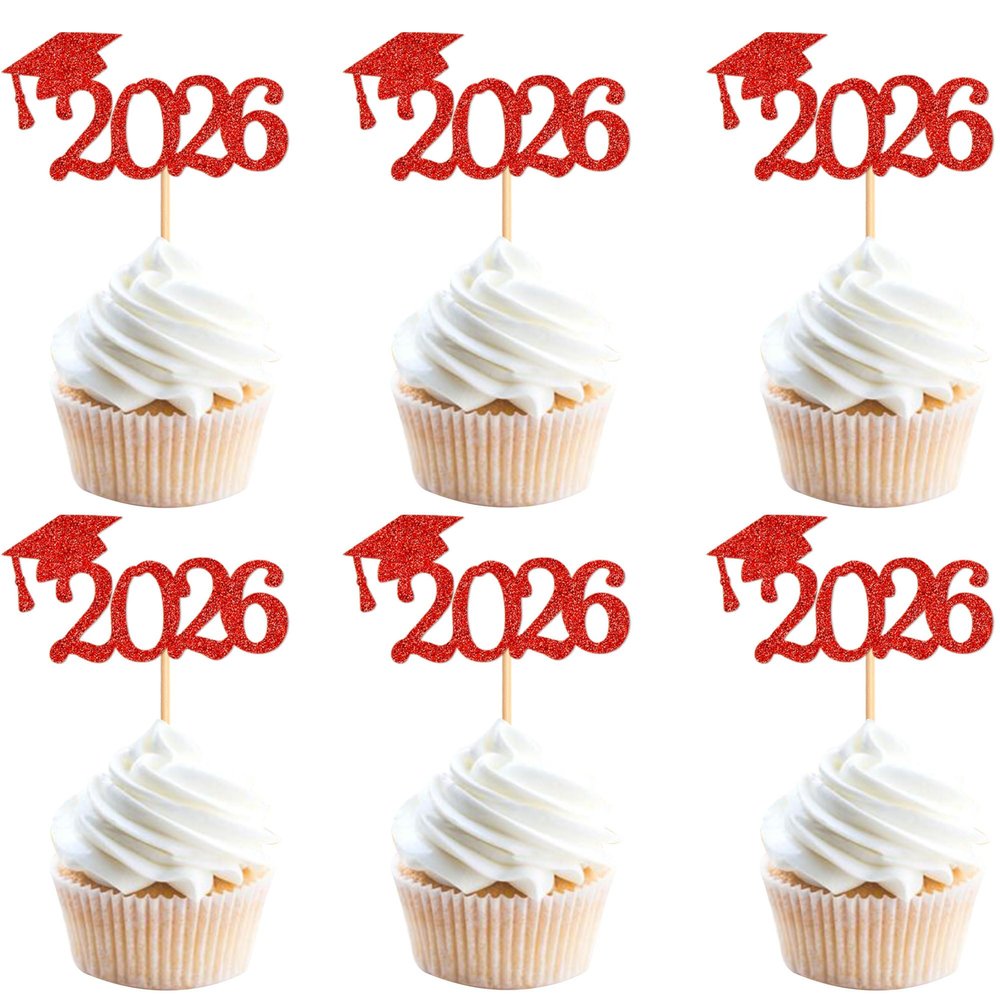 Cyodoos 24 Pcs graduation cupcake toppers 2026, Food/Appetizer Picks For Graduation Party Mini Cake Decorations, 2026 Cupcake Toppers(Red)