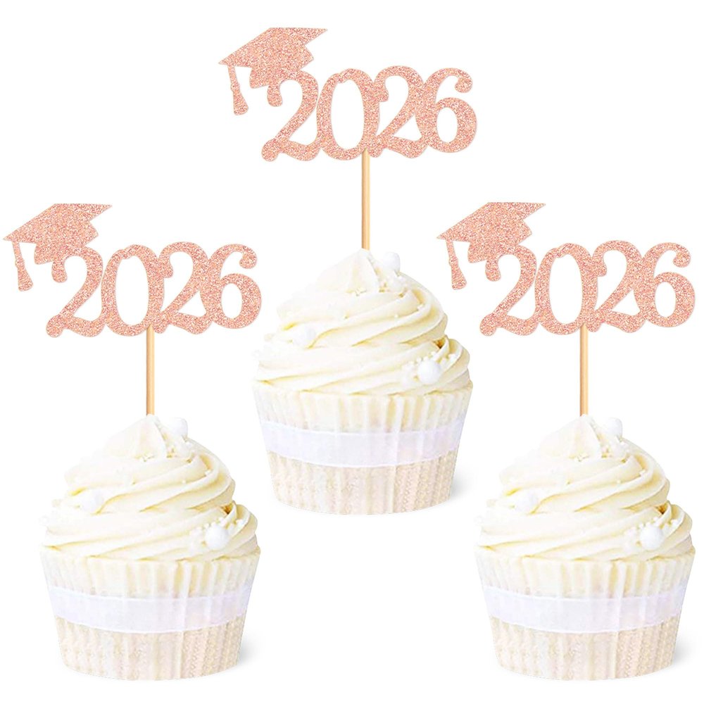 Cyodoos 24 Pcs graduation cupcake toppers 2026, Food/Appetizer Picks For Graduation Party Mini Cake Decorations, 2026, Cupcake Toppers(Rose gold)