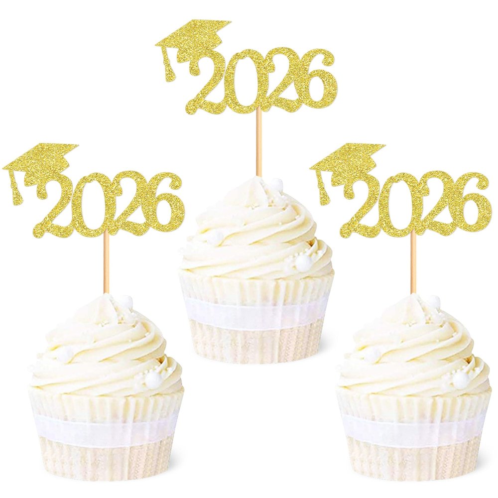 Cyodoos 24 Pcs Graduation Cupcake Toppers 2026, Food/Appetizer Picks For Graduation Party Mini Cake Decorations, 2026 Cupcake Toppers(Gold)