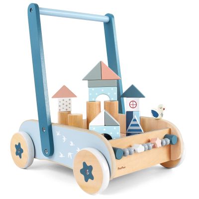 PairPear Wooden Baby Walker with Blocks & Brake Montessori Push Cart, Adjustable Speed, Anti-Slip Wheels, Gift for 1-3 Y Boys & Girls