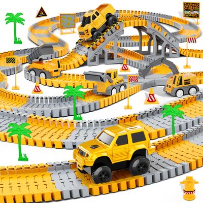 Kids Toys 253 PCS Construction Race Tracks Toy for 3 4 5 6 7 8 Year Old Boys Girls, 5 PCS Construction Truck Car and Flexible Track Play Set Create A Engineering Road Games Toddler Toys Birthday Gifts