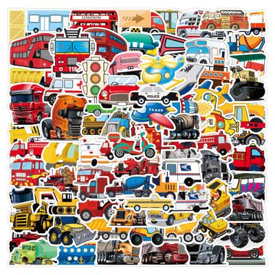 100pcs Vehicle Stickers for Kids, Transportation Stickers with Construction Truck Digger Engineering Car Train Motorbike Fire Truck Crane Airplane, Waterproof Vinyl Stickers for Water Bottle Scrapbook