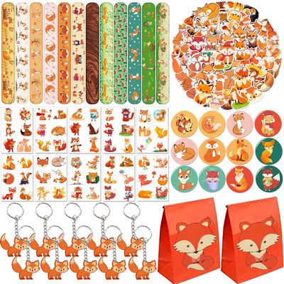 YYMYMGJ Fox Party Favors 110 PCS Fox Theme Slap Bracelets Sticker Key Chains Badge Temporary Tattoos Gift Bags for Kids Woodland Creatures Fox Birthday Party Baby Shower Jungle Safari Party Supplies