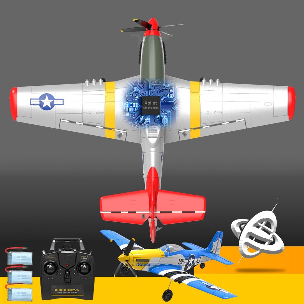 Ssccgym 3-Batteries P-51 Mustang Medium Remote Control Combat Warplane Aircraft Fixed Wing Hollow Cup Motor RC Aircraft Full-Function for Beginners Professional Blue/Red
