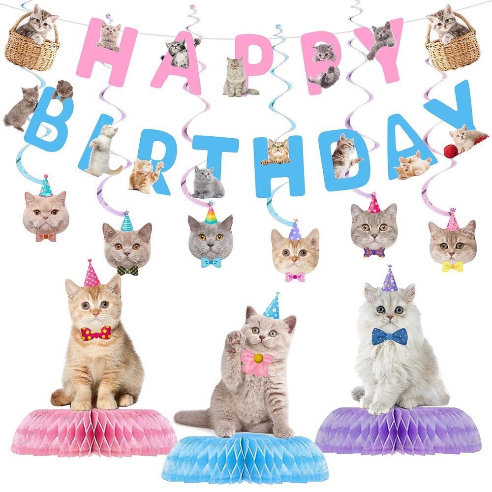 16 Pcs Cat Birthday Party Supplies, Cat Party Decorations, Kitten Birthday Party Decorations Includes 1 Cat Happy Birthday Banner, 6 Cat Hanging Cutouts, 6 Hanging Swirl Decorations and 3 Birthday Honeycomb Centerpieces for Cat Themed Birthday Party