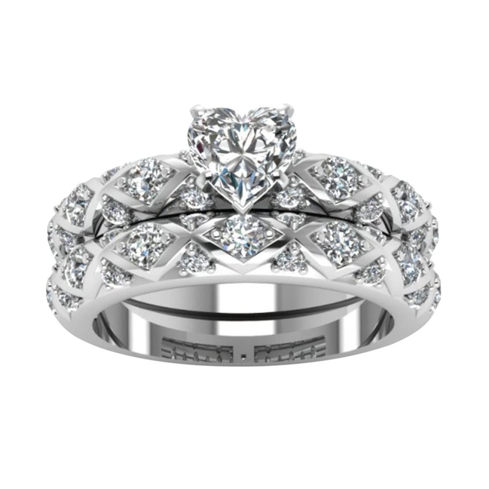 Women 2PCS Inlaid Zircon Proposal Rings Set Heart Shaped Simulated Diamond Elegant Ring Bridal Wedding Band (Sliver, 12)
