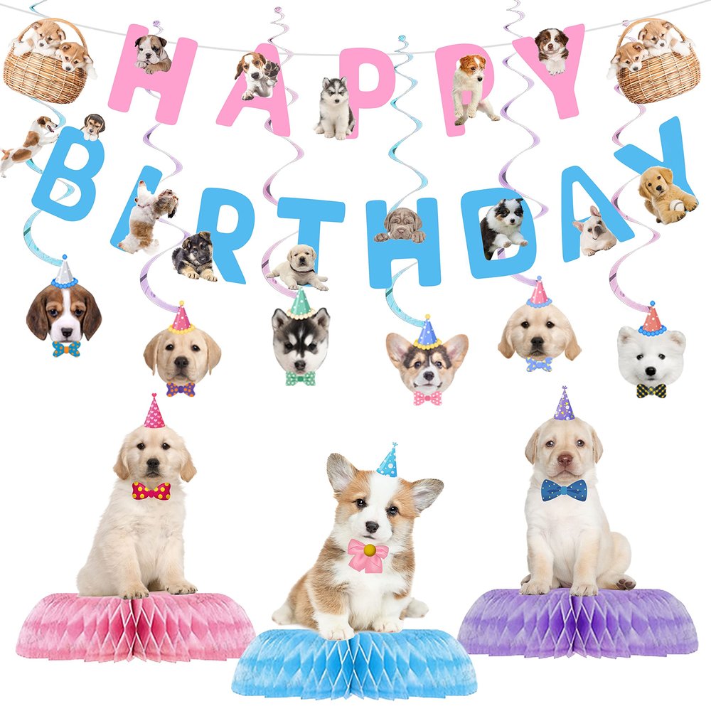 16 Pcs Dog Birthday Party Supplies, Dog Party Decorations, Puppy Birthday Party Decorations Includes 1 Dog Happy Birthday Banner, 6 Dog Hanging Cutouts, 6 Hanging Swirl Decorations and 3 Birthday Honeycomb Centerpieces for Dog Themed Birthday Party S
