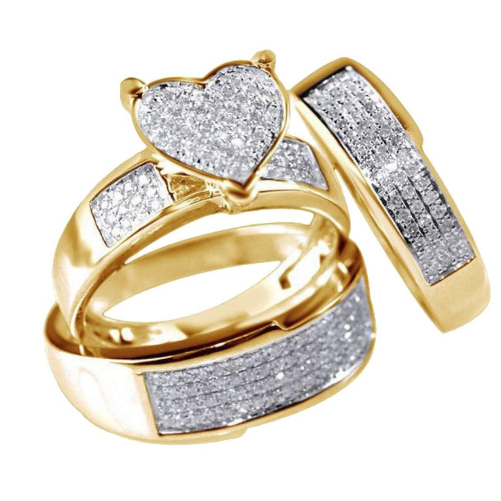 3PCS CZ Simulated Diamond Set Women Engagement Rings Heart Shape Wedding Bands Anniversary Ring (Gold, 10)